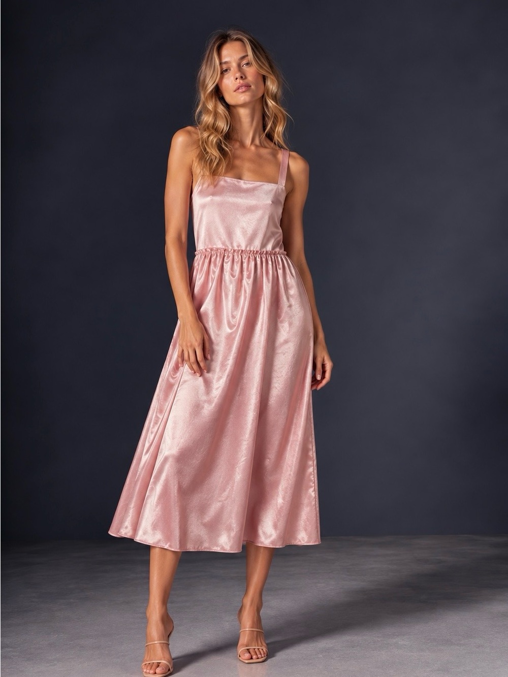 Steele Anthropologie Pink Satin Square Neck Midi Dress Size L